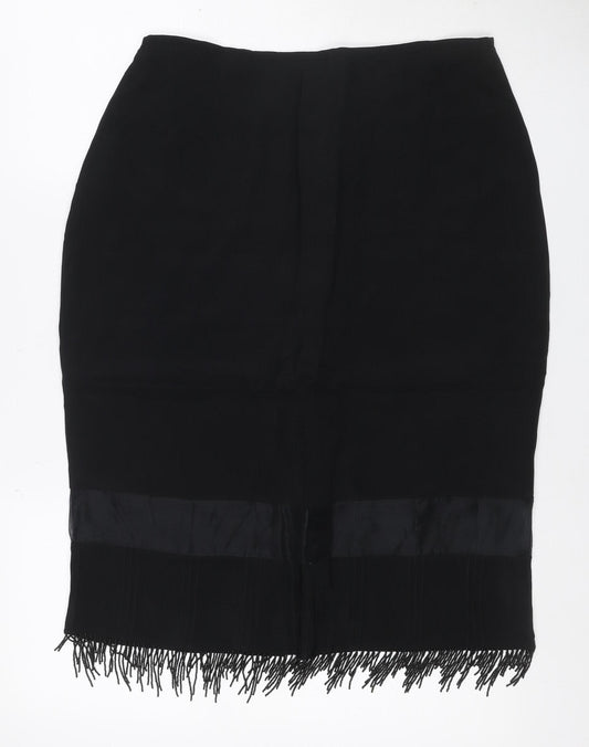 Kaiko Women's Black UK 14 Silk Fringe Beaded Pencil Knee Skirt