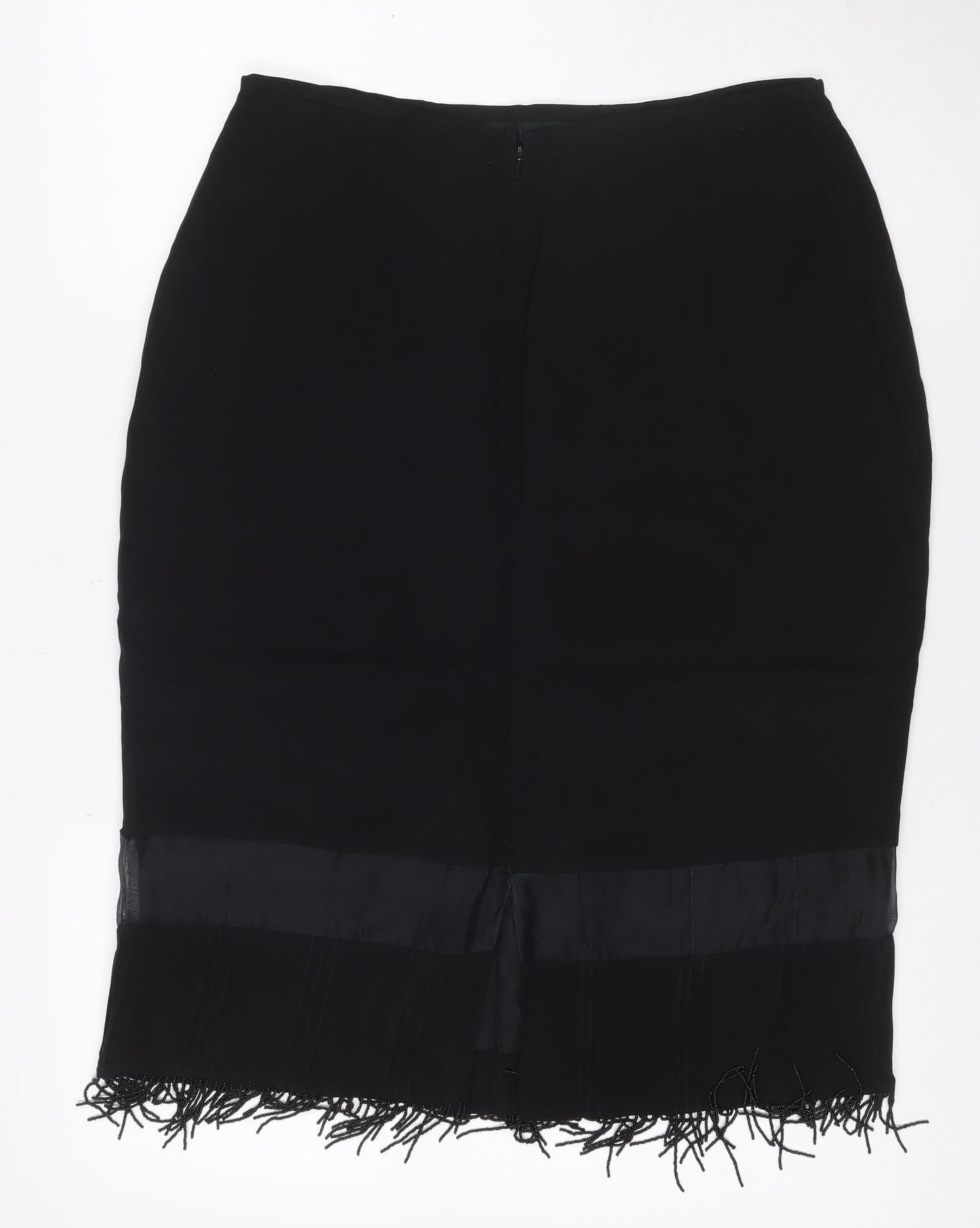 Kaiko Women's Black UK 14 Silk Fringe Beaded Pencil Knee Skirt