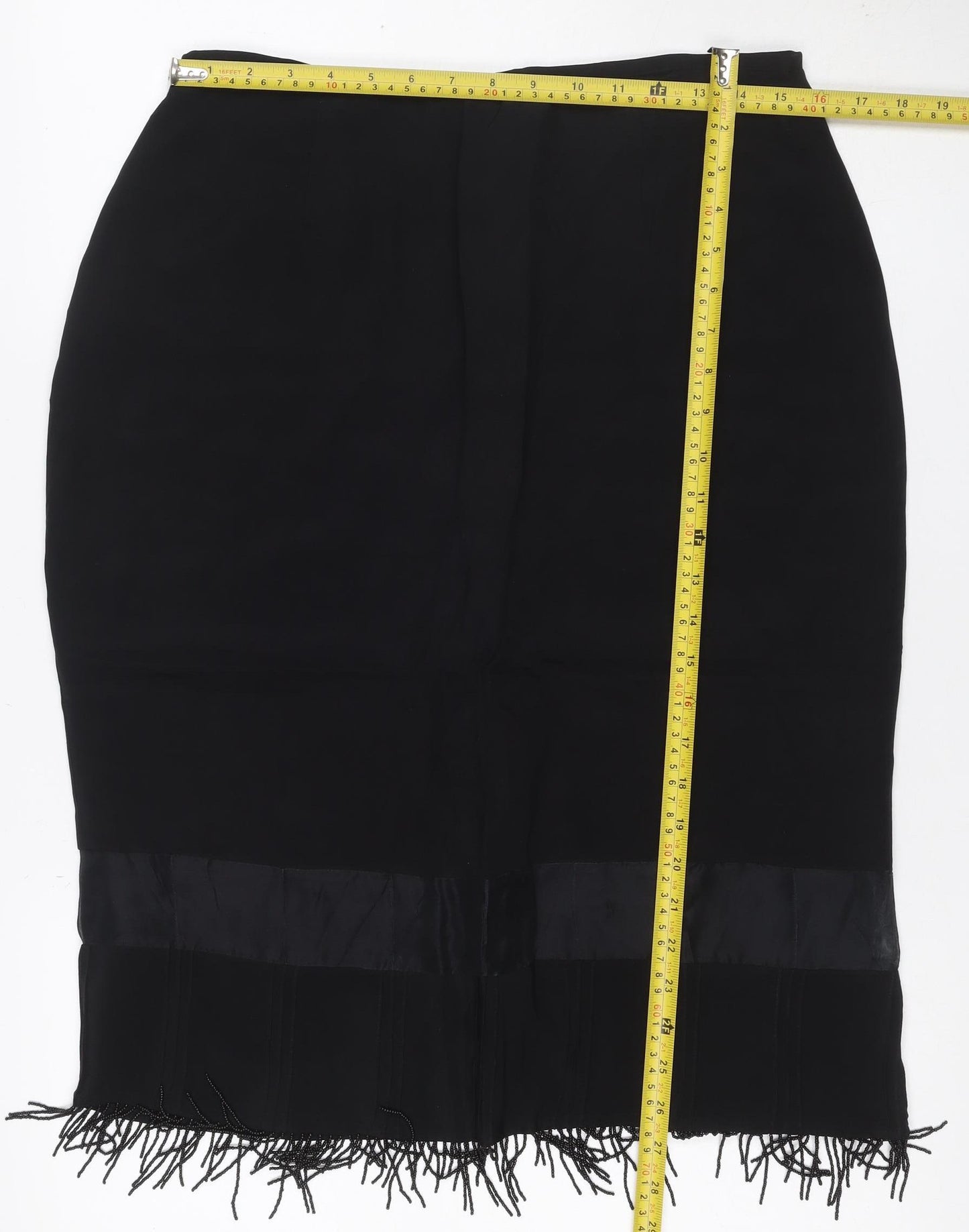 Kaiko Women's Black UK 14 Silk Fringe Beaded Pencil Knee Skirt
