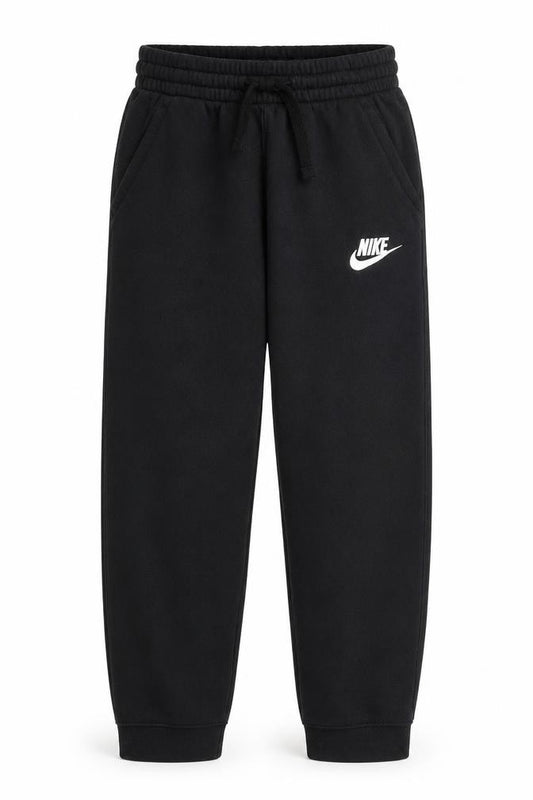 Front view of Nike boys’ black 158 jogger sweatpants cotton blend drawstring logo