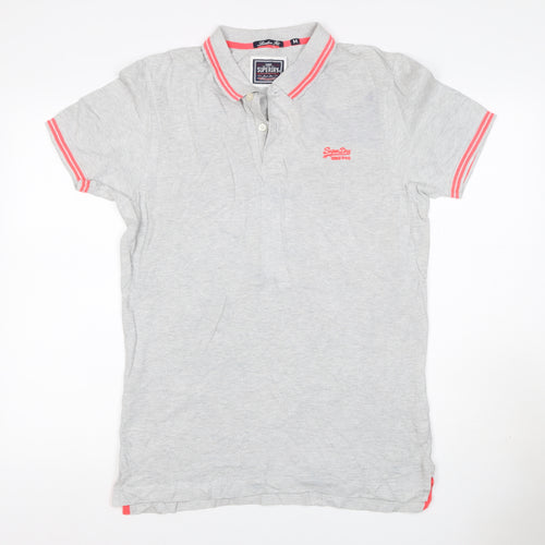 Superdry Men’s Grey Pink Trim Logo Cotton Polo Shirt M