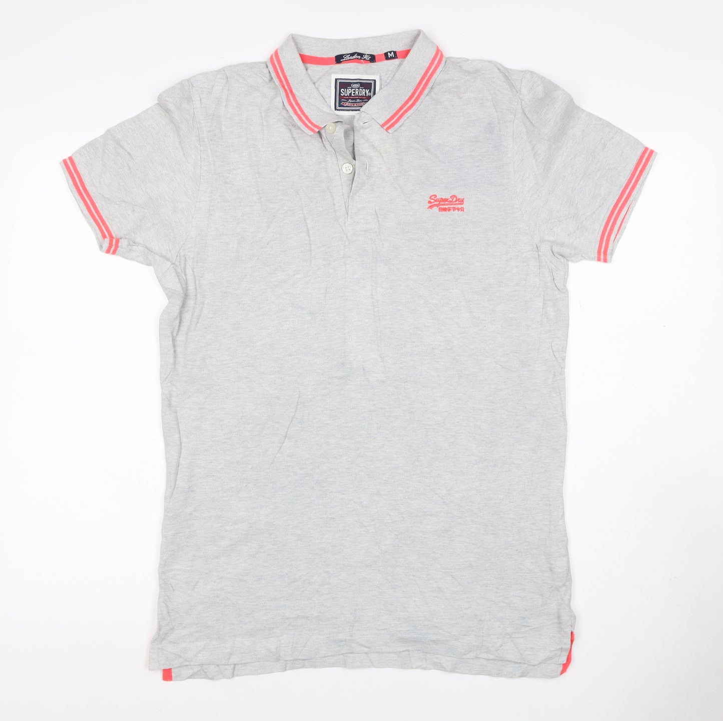 Superdry Men’s Grey Pink Trim Logo Cotton Polo Shirt M