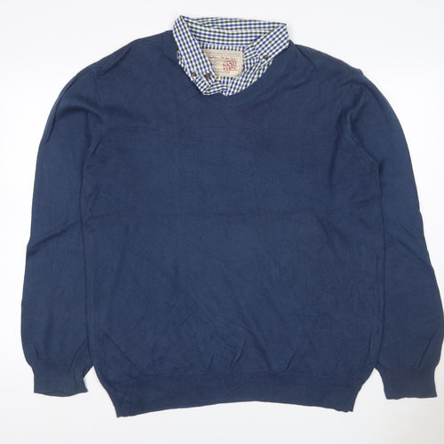 Sandstone Men's Blue M V-Neck Cotton Jumper Attached Check Collar