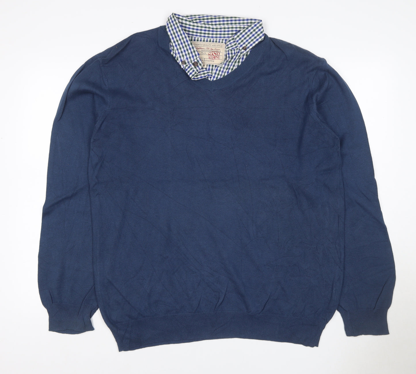 Sandstone Men's Blue M V-Neck Cotton Jumper Attached Check Collar