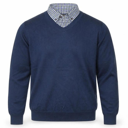 Sandstone Men's Blue M V-Neck Cotton Jumper Attached Check Collar