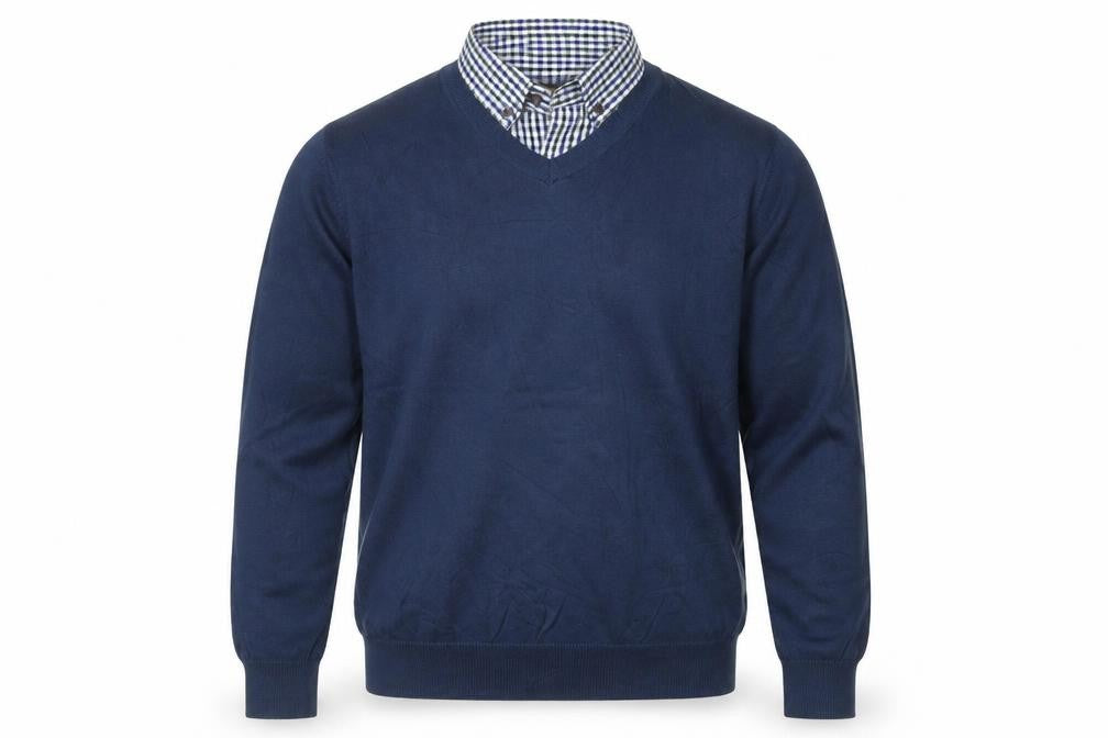 Sandstone Men's Blue M V-Neck Cotton Jumper Attached Check Collar