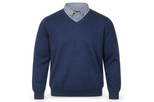 Sandstone Men's Blue M V-Neck Cotton Jumper Attached Check Collar