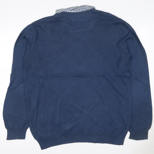 Sandstone Men's Blue M V-Neck Cotton Jumper Attached Check Collar