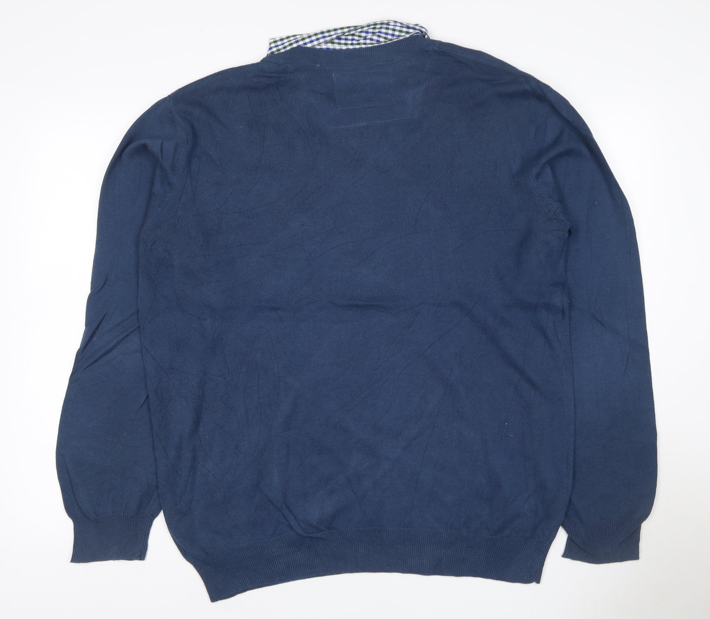 Sandstone Men's Blue M V-Neck Cotton Jumper Attached Check Collar