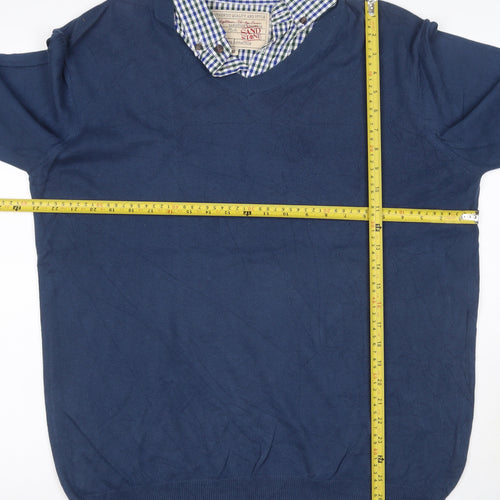 Sandstone Men's Blue M V-Neck Cotton Jumper Attached Check Collar
