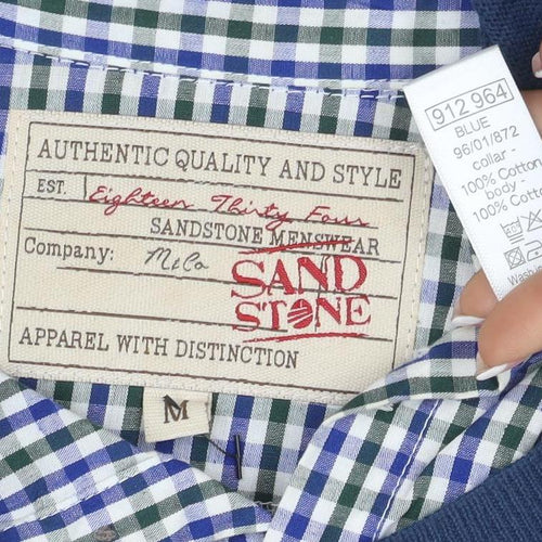 Sandstone Men's Blue M V-Neck Cotton Jumper Attached Check Collar