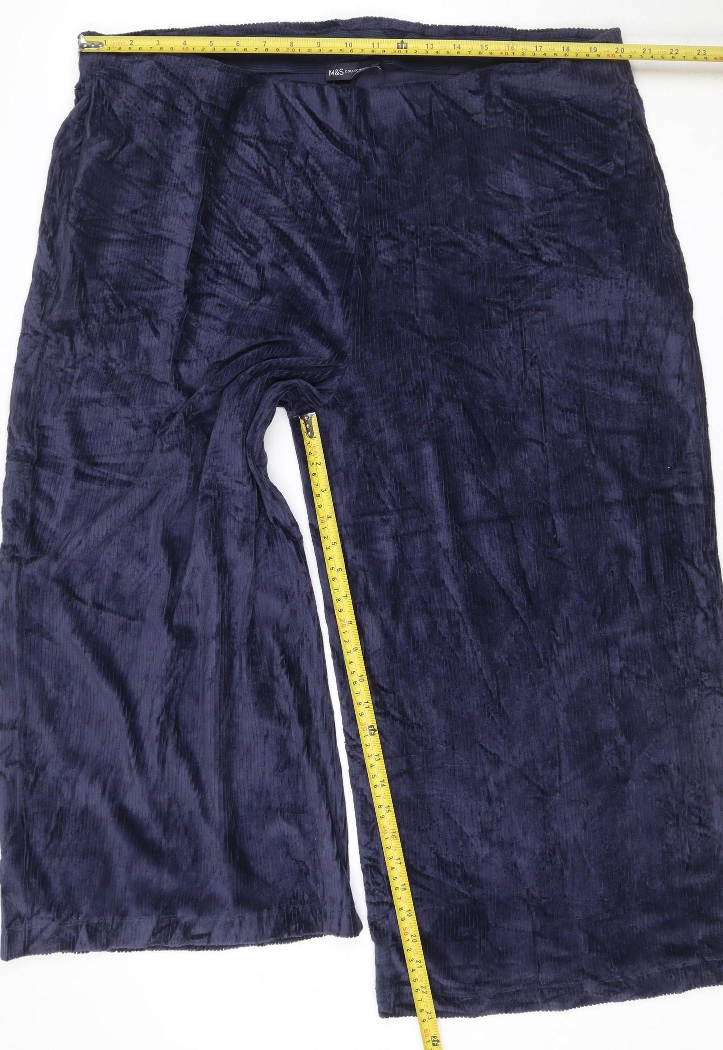 M&S Collection Women’s Navy Blue Velvet Trousers UK 22 Short Stretch