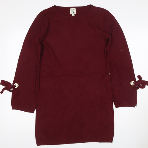 Yumi Women Red S Knit Jumper Dress Long Sleeve Tie Cuffs