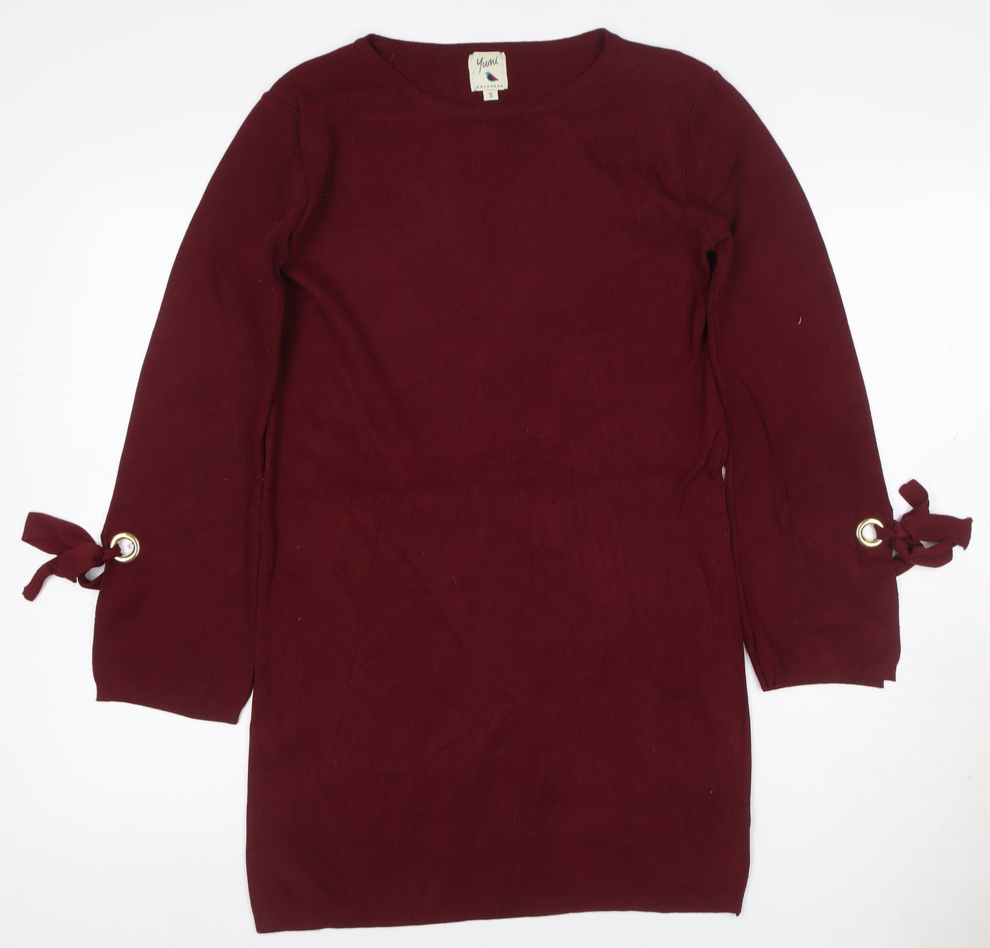 Yumi Women Red S Knit Jumper Dress Long Sleeve Tie Cuffs