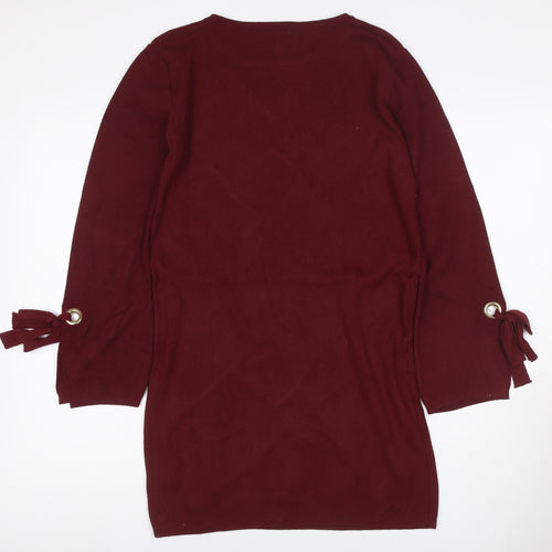 Yumi Women Red S Knit Jumper Dress Long Sleeve Tie Cuffs