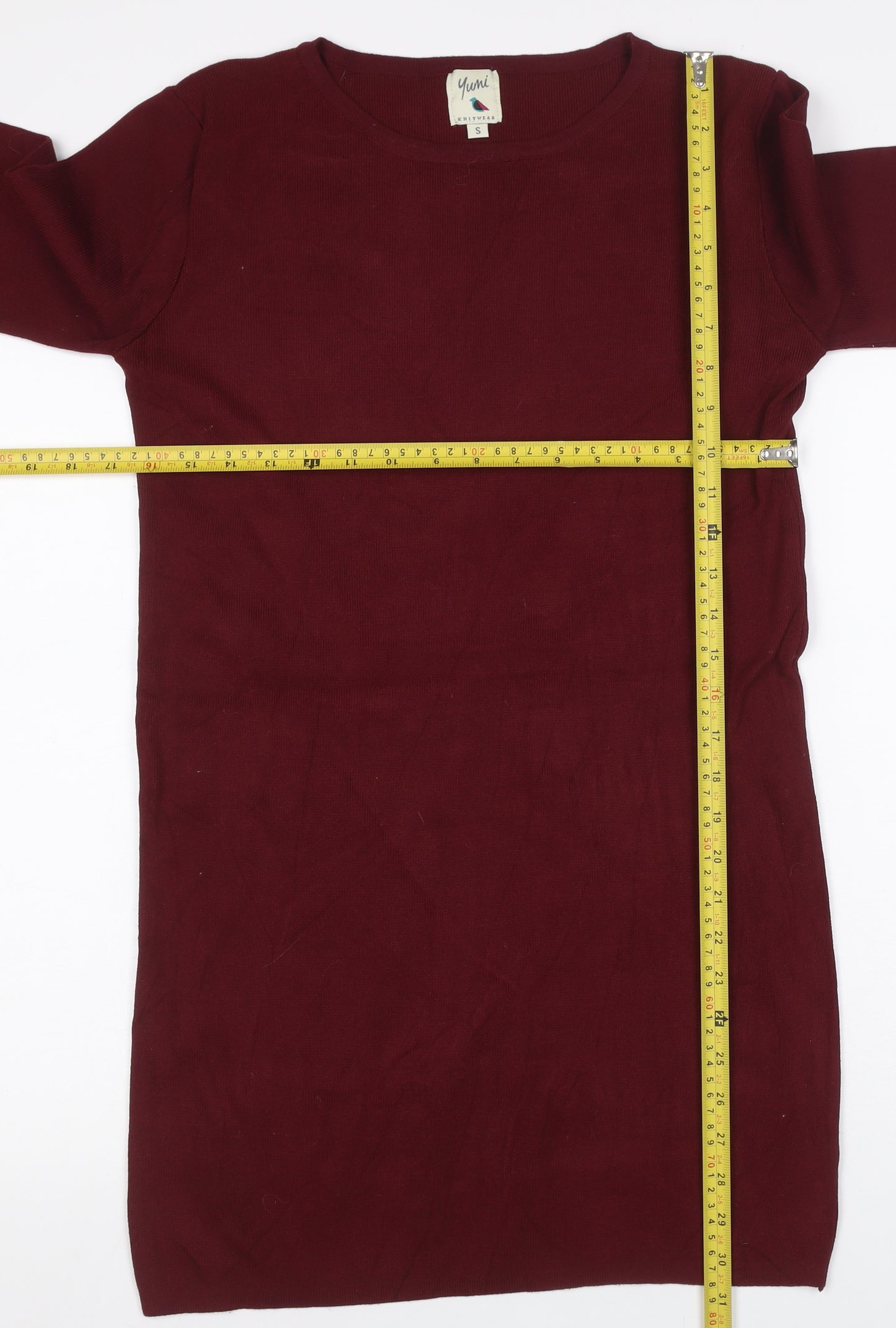 Yumi Women Red S Knit Jumper Dress Long Sleeve Tie Cuffs