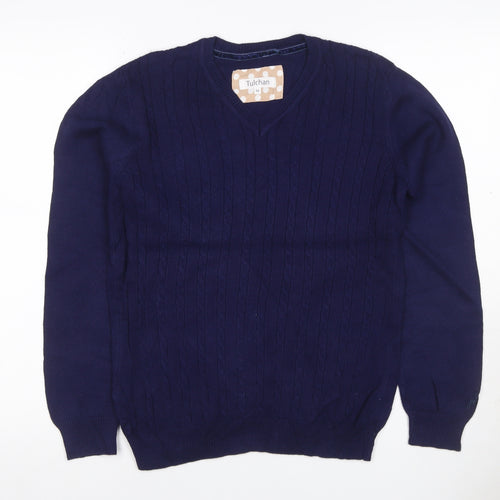 Tulchan Women Navy M Cable-Knit V-Neck Cotton Pullover Jumper