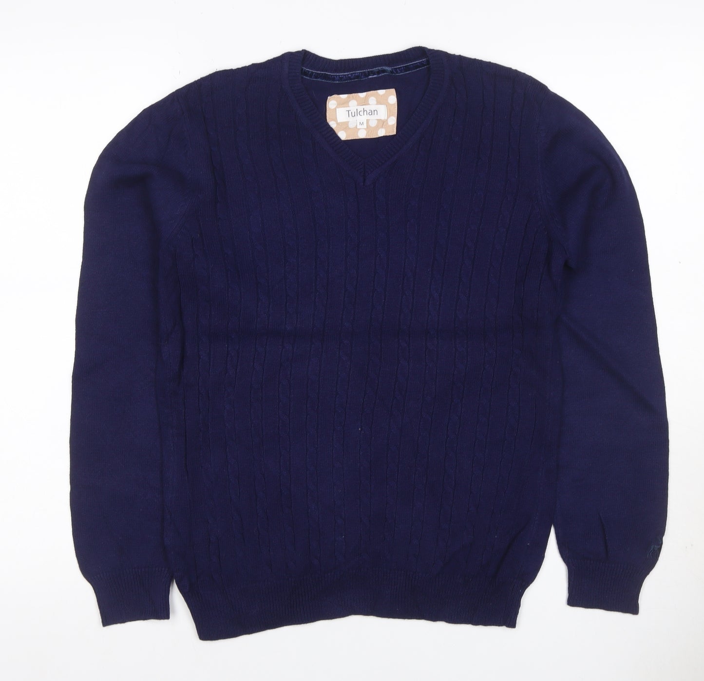 Tulchan Women Navy M Cable-Knit V-Neck Cotton Pullover Jumper