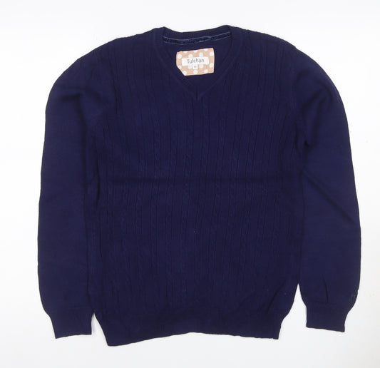 Tulchan Women Navy M Cable-Knit V-Neck Cotton Pullover Jumper