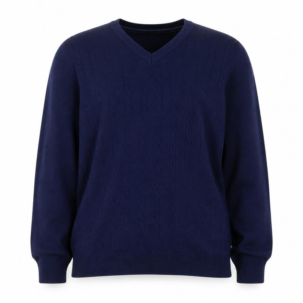 Front view of Tulchan Women Navy M Cable-Knit V-Neck Cotton jumper