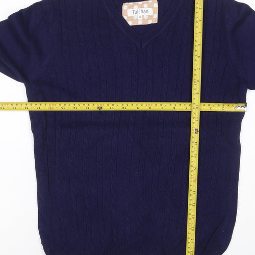 Tulchan Women Navy M Cable-Knit V-Neck Cotton Pullover Jumper