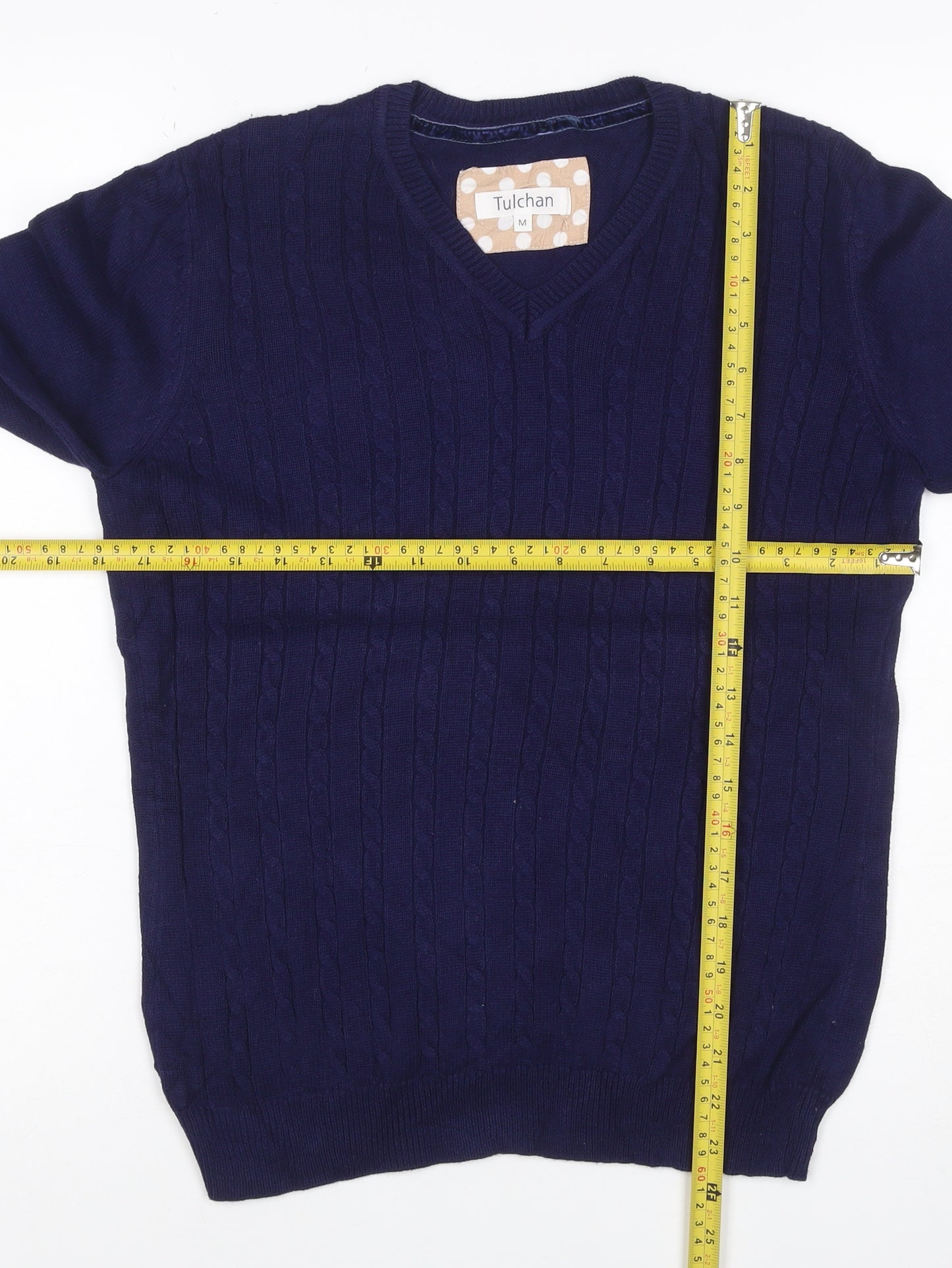 Tulchan Women Navy M Cable-Knit V-Neck Cotton Pullover Jumper