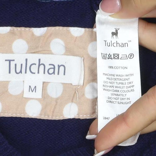 Tulchan Women Navy M Cable-Knit V-Neck Cotton Pullover Jumper