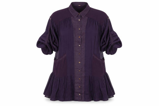 Front view of Free People Women Purple XS Bohemian Pleated Shirt Dress