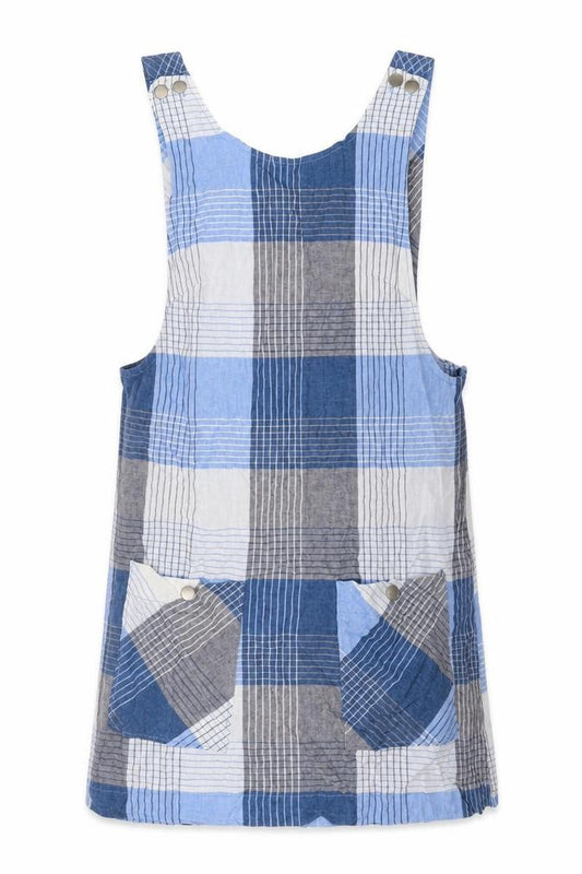 Front view of Urban Outfitters Women Blue Check Pinafore Dress S Petite