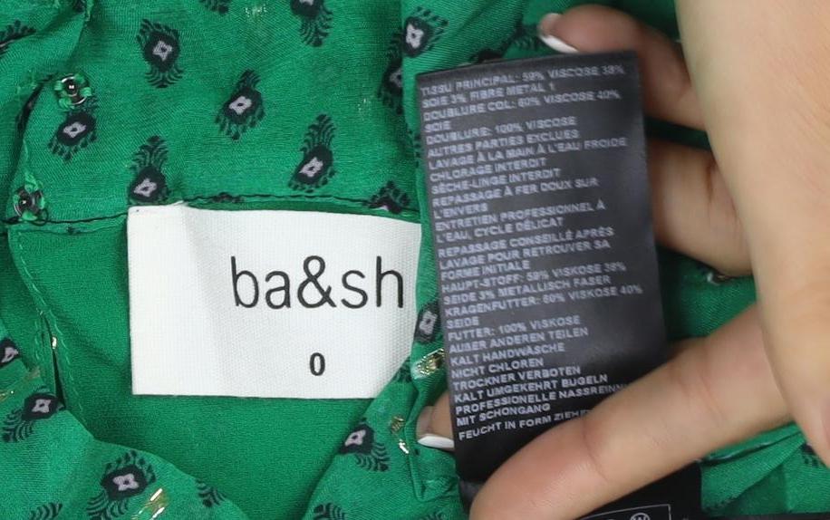 ba&sh Women Green UK 6 Geometric Metallic Long Sleeve Tunic Blouse