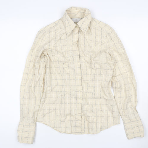 Next Women Beige Check Cotton Button-Up Shirt UK 8 Long Sleeve Collared