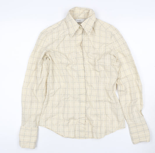 Next Women Beige Check Cotton Button-Up Shirt UK 8 Long Sleeve Collared