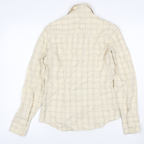 Next Women Beige Check Cotton Button-Up Shirt UK 8 Long Sleeve Collared