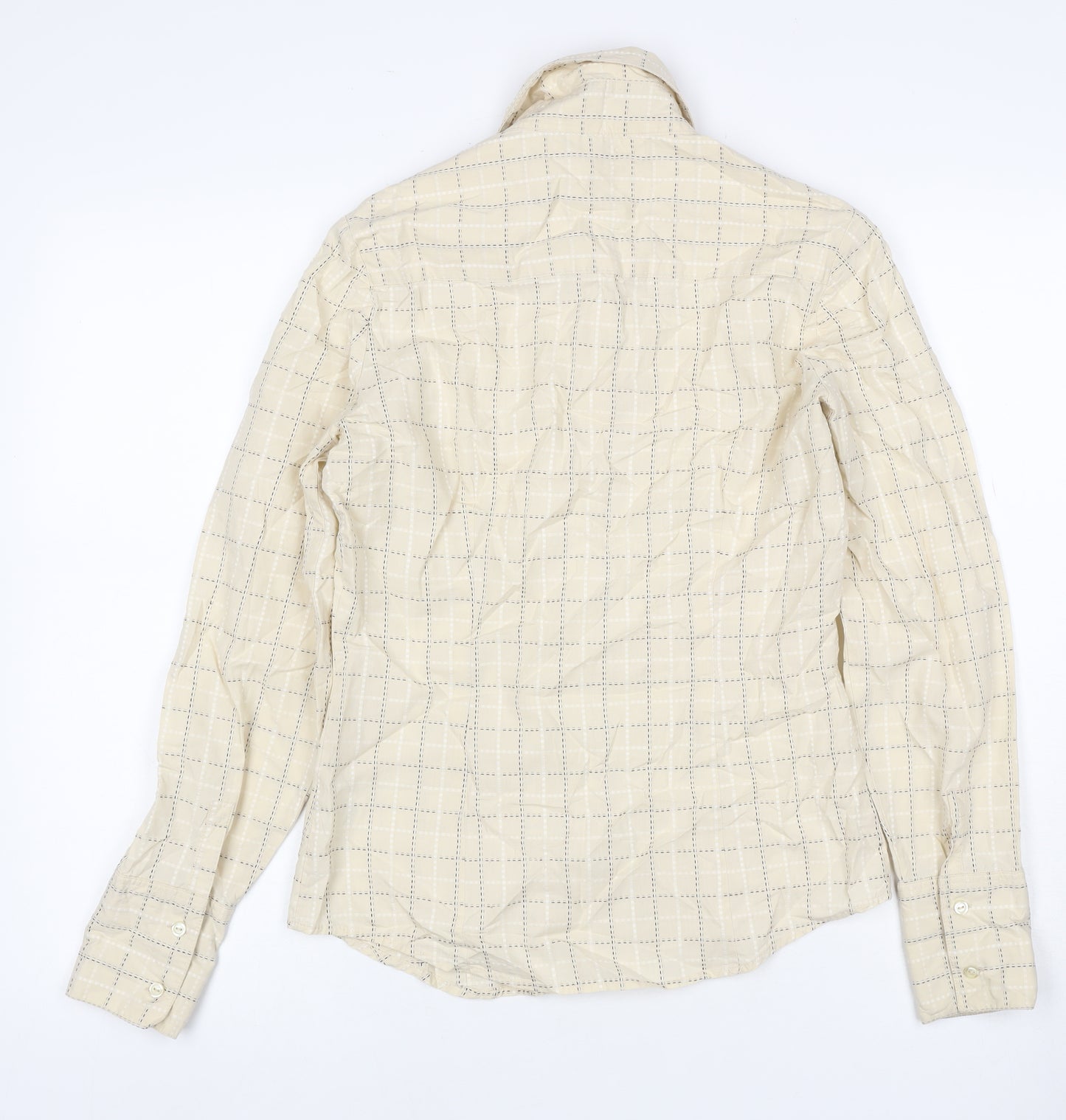Next Women Beige Check Cotton Button-Up Shirt UK 8 Long Sleeve Collared