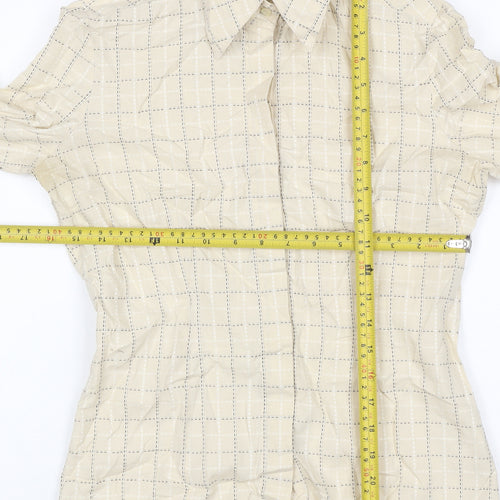 Next Women Beige Check Cotton Button-Up Shirt UK 8 Long Sleeve Collared