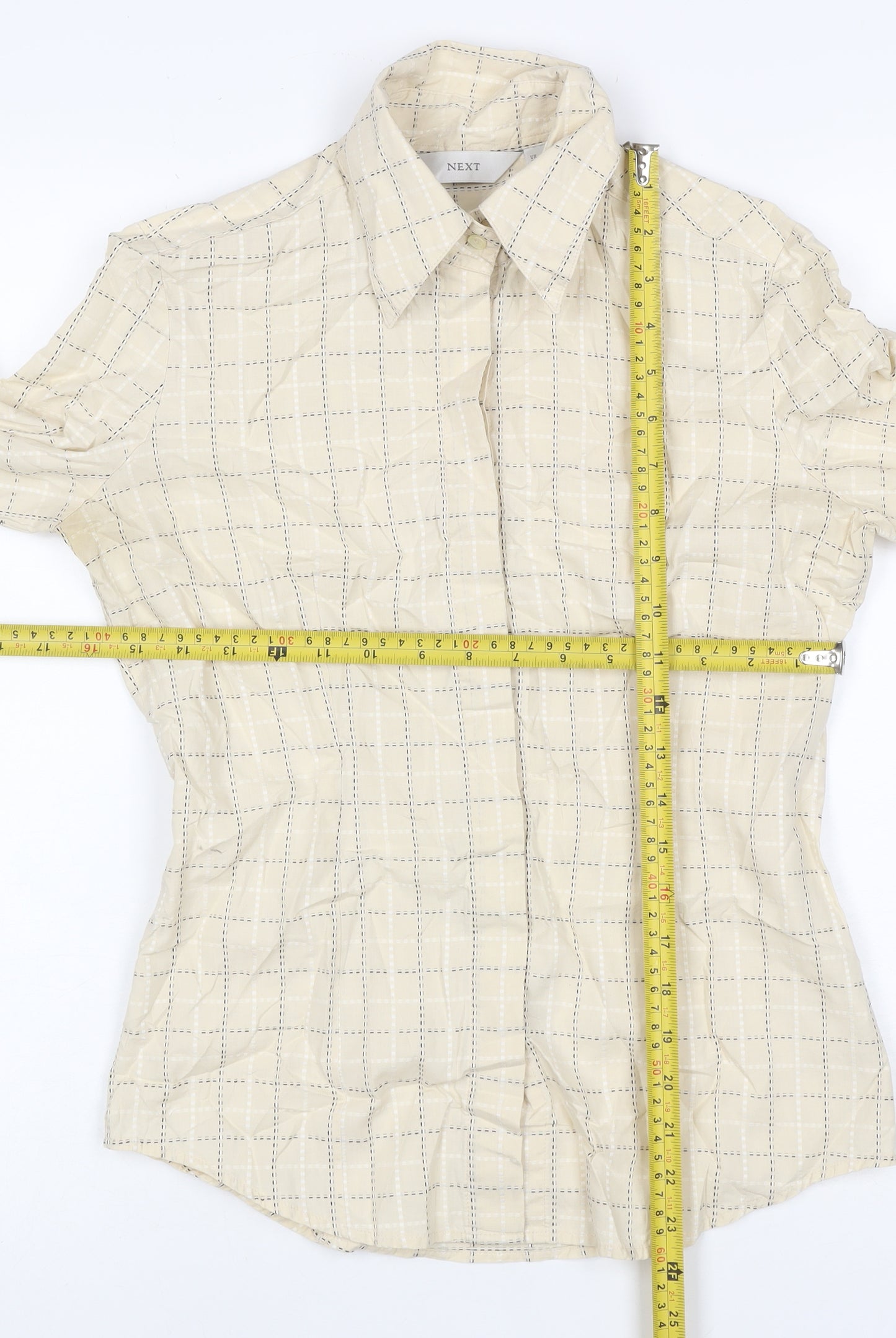 Next Women Beige Check Cotton Button-Up Shirt UK 8 Long Sleeve Collared
