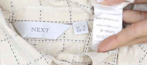 Next Women Beige Check Cotton Button-Up Shirt UK 8 Long Sleeve Collared
