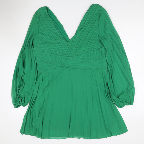 Boohoo Women Green UK 16 Pleated V-Neck Fit & Flare Party Dress