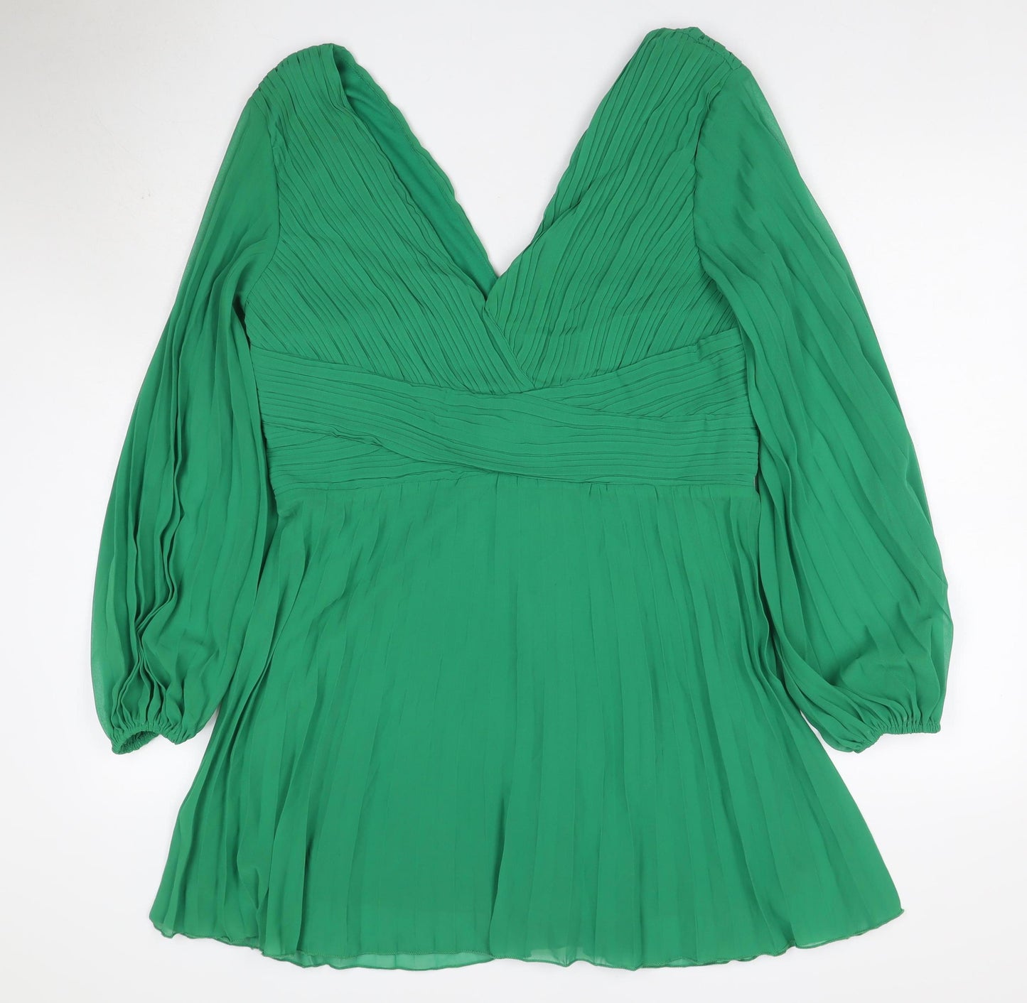 Boohoo Women Green UK 16 Pleated V-Neck Fit & Flare Party Dress