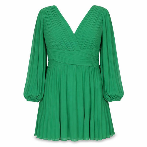 Boohoo Women Green UK 16 Pleated V-Neck Fit & Flare Party Dress