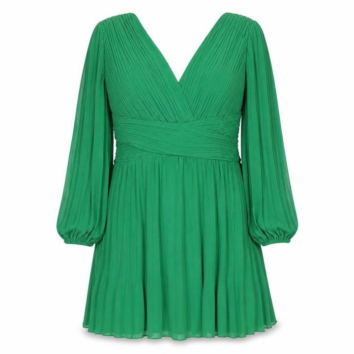 Boohoo Women Green UK 16 Pleated V-Neck Fit & Flare Party Dress