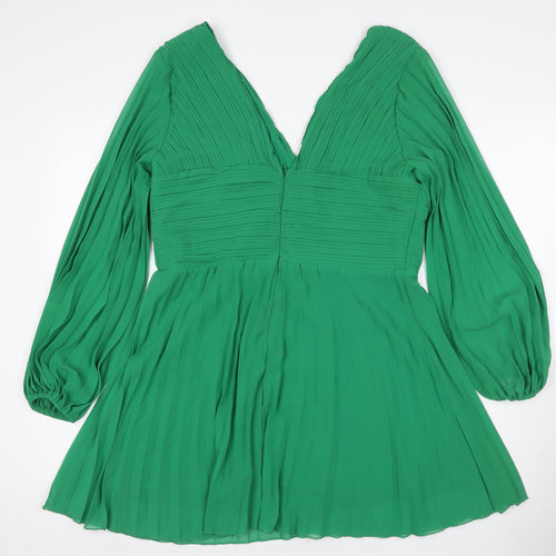 Boohoo Women Green UK 16 Pleated V-Neck Fit & Flare Party Dress