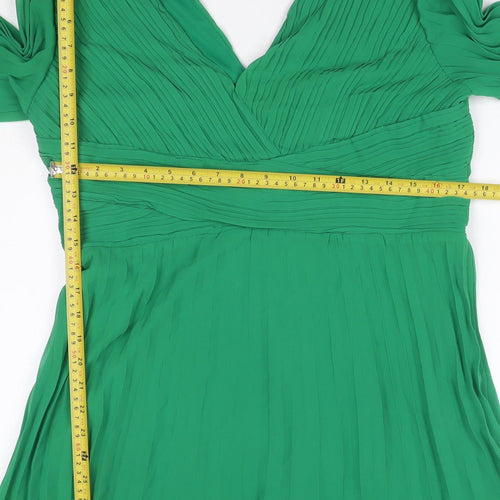 Boohoo Women Green UK 16 Pleated V-Neck Fit & Flare Party Dress