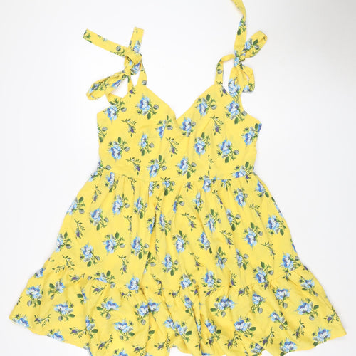Boohoo Women Yellow Floral UK 14 Fit & Flare Tie Strap Midi Dress