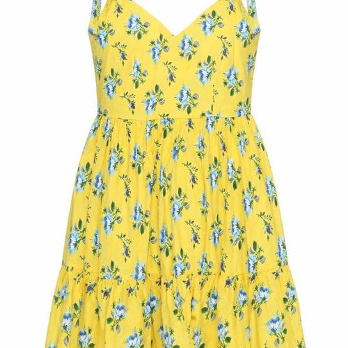 Boohoo Women Yellow Floral UK 14 Fit & Flare Tie Strap Midi Dress