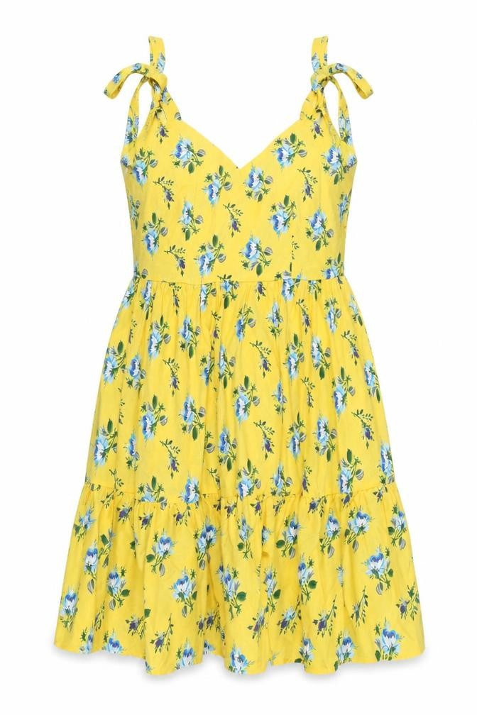 Boohoo Women Yellow Floral UK 14 Fit & Flare Tie Strap Midi Dress