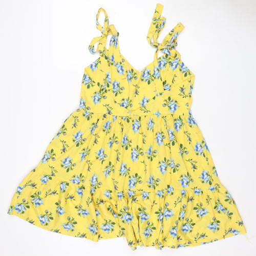 Boohoo Women Yellow Floral UK 14 Fit & Flare Tie Strap Midi Dress