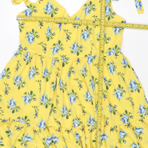 Boohoo Women Yellow Floral UK 14 Fit & Flare Tie Strap Midi Dress