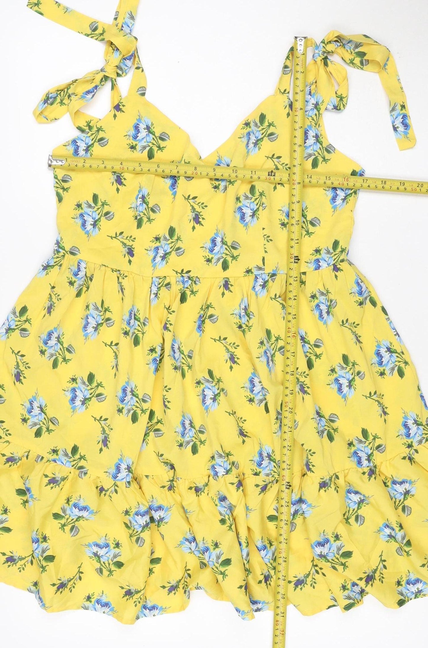 Boohoo Women Yellow Floral UK 14 Fit & Flare Tie Strap Midi Dress