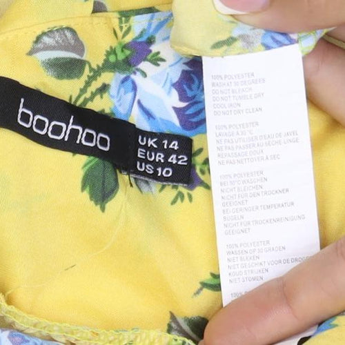 Boohoo Women Yellow Floral UK 14 Fit & Flare Tie Strap Midi Dress